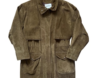 70s-80s Vintage Margaret Godfrey Bagatelle Olive Suede Coat - Medium / Large