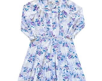 1970s Floral Shirtdress Vintage Blue Purple Belted Dress, Large