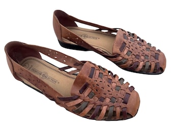 Vintage Leather Huarache Shoes, Brown Woven Flats, 1980s (US 7)