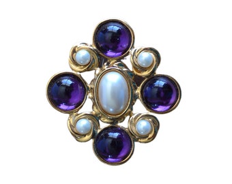 Vintage Gold Brooch with Purple Circular and Oval Inlays | 1980s