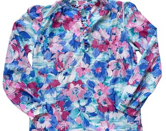 70s Vintage D'Allaird's Floral Ruffle Collar Blouse - Medium