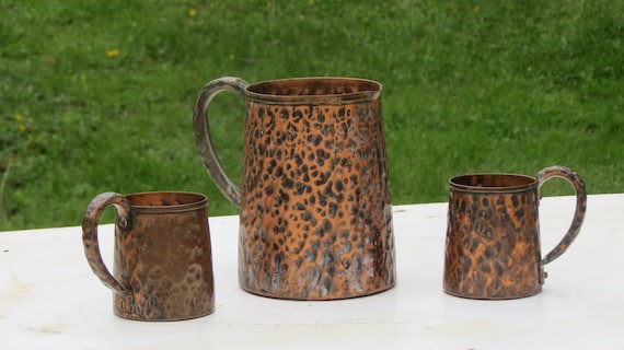 Vintage Hand Hammered Copper Pitcher and Mug Set