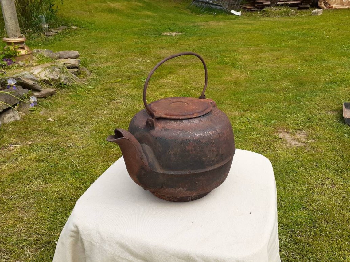 Antique Rusty Cast Iron Tea Kettle Salvaged Repurposed Etsy