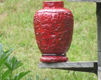 Red Asian Themed Ceramic Vase Stamped M L Brown September 1966