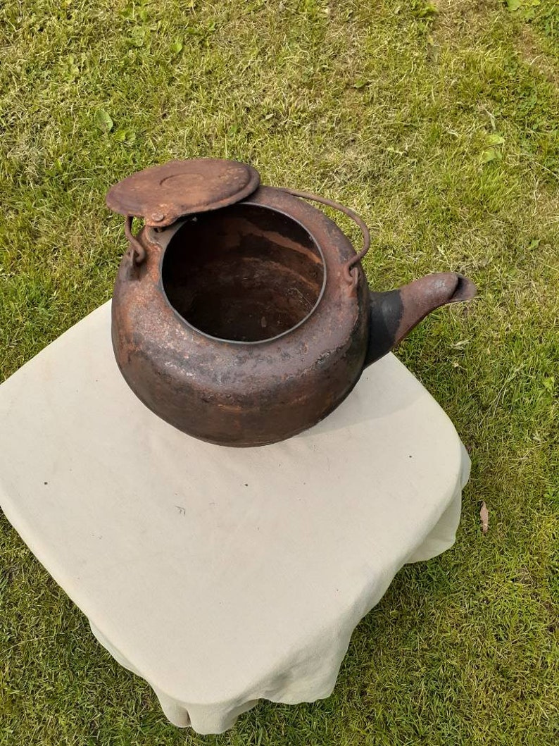 Antique Rusty Cast Iron Tea Kettle Salvaged Repurposed Etsy