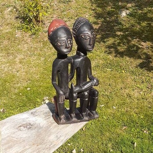 African Carved Wooden Seated Man Woman Baby Statue
