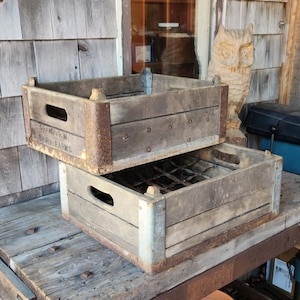 Pair of Vintage Wood and Metal Grandview Dairy Milk Crates Primitive Farmhouse Country Decor Old New England Barn Treasures