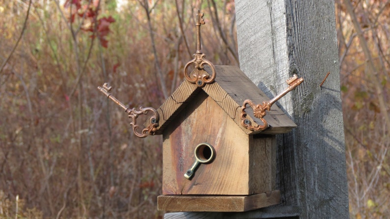 Nichoir à oiseaux en planches de grange récupérées à charnières recyclées, rustiques et personnalisées uniques image 2