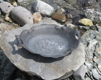 Antique Pewter Serving Dish with Fruit Motif Made in Japan