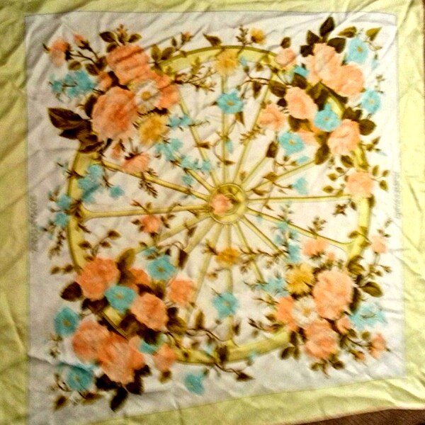 RESERVED FOR T  Hermes 100% Silk Scarf Romantique Gold Light Blue and Floral Spring Shawl