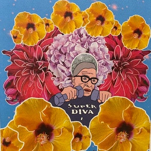 May include: A colorful illustration of a woman wearing glasses and a black shirt with the text "Super Diva" on it. She is holding two dumbbells and is surrounded by flowers. The text "Notorious" is written in a psychedelic font at the bottom of the image.