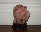 19th Century Chinese Carved Pink Quartz Rose Flower Vase on Rosewood Stand