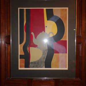 Framed Vintage Andre Minaux Signed Teapot Colored Lithograph
