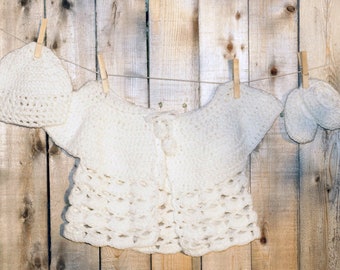 Baby Crochet Sweater Set, White Metallic, 6-9 months//baby gifts - crochet baby sweater - handmade baby sweater - baby gift set - baby set