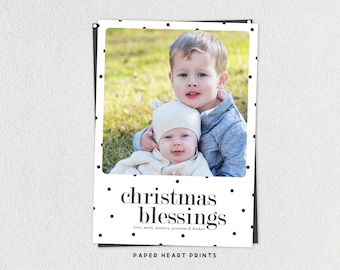 Polka Dot Holiday Card, Modern Photo Christmas Blessings Card, Customizable Photo Card, Double Sided Simple Christmas Card - Blessings