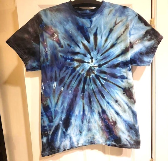 Hand Tied Tie Dye Shirt: Blue Spiral Swirls, Unique Artistry, Comfortable Fabric