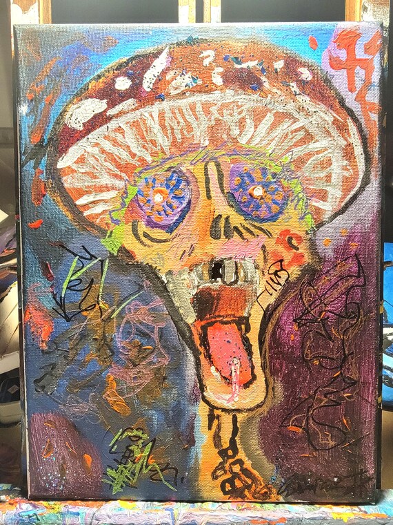 Abstract Mushroom Skull Painting: Psychedelic Trippy Art Print