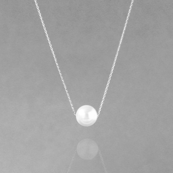 Pearl Necklace Single Pearl Necklace White Gold Floating Pearl Etsy