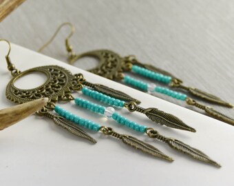 Long chandelier dreamcatcher and Feather Earrings, Turquoise / Green and Bronze Beads