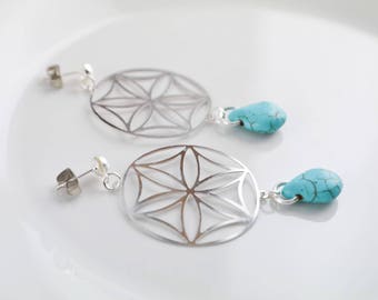 Turquoise Flower of life studs earrings - Mandala - Tree of life - Geometric jewel - Hindu jewel - Jewel silver woman - Ideal gift