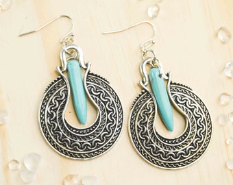Wide Ethnic Earrings Ethnic Silver Metallic Turquoise Spikes, Bohemian Bohemian Tribal Jewelry, Women's Gift