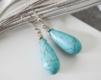 Turquoise drop earrings, fine stone jewel turquoise howlite, blue stone earrings for woman, perfect gift