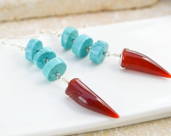 Long earrings in fine stones, jewel horns in natural cornelian and turquoise, earrings woman, perfect gift