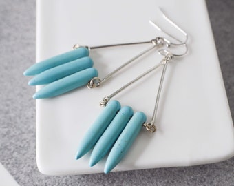 Long blue turquoise howlite earrings, ethnic bohemian stone point earrings ideal for gift giving