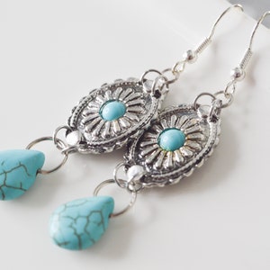 Dangling earrings with concho pattern charms and howlite turquoise drop, ethnic bohemian jewelry for women, ideal as a gift image 8