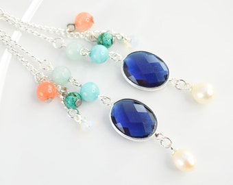 Long earrings fine stone chains, jewel in polished gemstone beads, women earrings, perfect gift