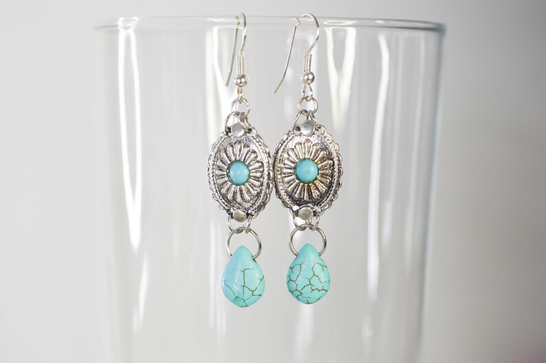 Dangling earrings with concho pattern charms and howlite turquoise drop, ethnic bohemian jewelry for women, ideal as a gift image 3