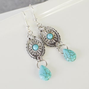 Dangling earrings with concho pattern charms and howlite turquoise drop, ethnic bohemian jewelry for women, ideal as a gift image 9