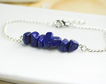 Silver Raw Stone Bar Bracelet, Lapis lazuli polished raw stone bar bracelet, women stackable bracelet, ethnic boho boho, birthstone bracelet