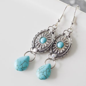 Dangling earrings with concho pattern charms and howlite turquoise drop, ethnic bohemian jewelry for women, ideal as a gift image 6