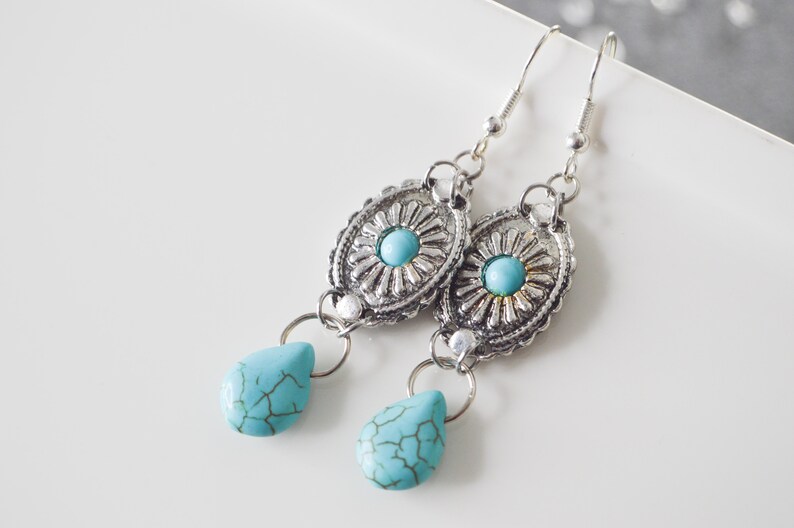 Dangling earrings with concho pattern charms and howlite turquoise drop, ethnic bohemian jewelry for women, ideal as a gift image 6