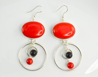 Art deco earrings in coral and onyx, long earrings in fine stones, women earrings, perfect gift