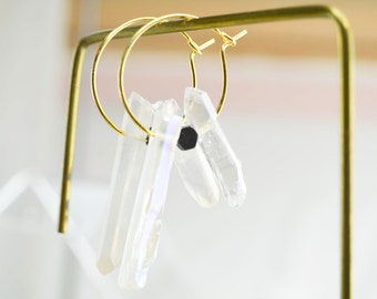 Long crystal quartz earrings in iridescent tips, elegant earrings for women, perfect gift for her