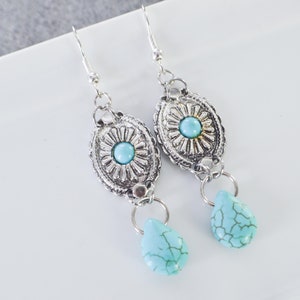 Dangling earrings with concho pattern charms and howlite turquoise drop, ethnic bohemian jewelry for women, ideal as a gift image 7