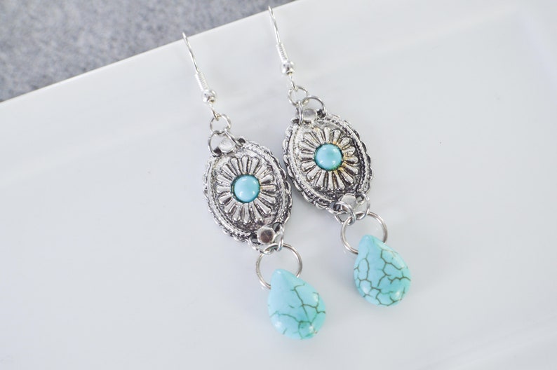 Dangling earrings with concho pattern charms and howlite turquoise drop, ethnic bohemian jewelry for women, ideal as a gift image 7