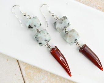 Long earrings in fine stones, jewel horns in natural cornelian and sesame jasper, earrings woman, perfect gift