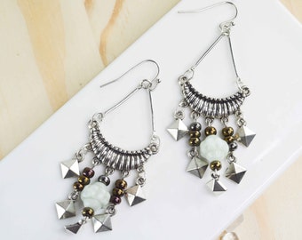 Czech silver glass chandeliers, silver and green pendant earrings, ideal for women