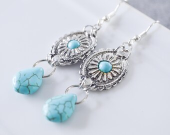 Dangling earrings with concho pattern charms and howlite turquoise drop, ethnic bohemian jewelry for women, ideal as a gift