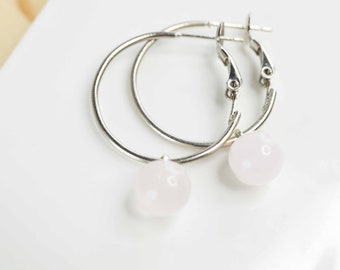 Pretty creoles earrings silver steel rose quartz, round rings for woman, delicate minimalist jewel perfect gift