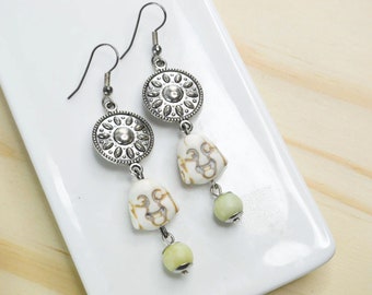 Buddha and jade stone earrings, jewel in fine stones, white and green stone earrings for women, perfect gift