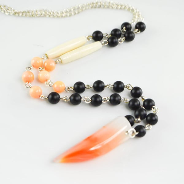 Collier de perles et corne en agate onyx corail, collier argent ethnique en pointe de pierre naturelle polie, collier mala bohème