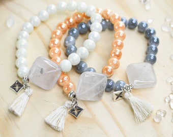 Rose quartz and opaque iridescent glass tassel stretch bracelet, colorful customizable elastic bracelet and silver