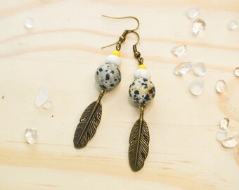 Pierced ear ethnic dalmatine - bronze feathers - bohemian earrings ear - earrings woman - Indian earrings