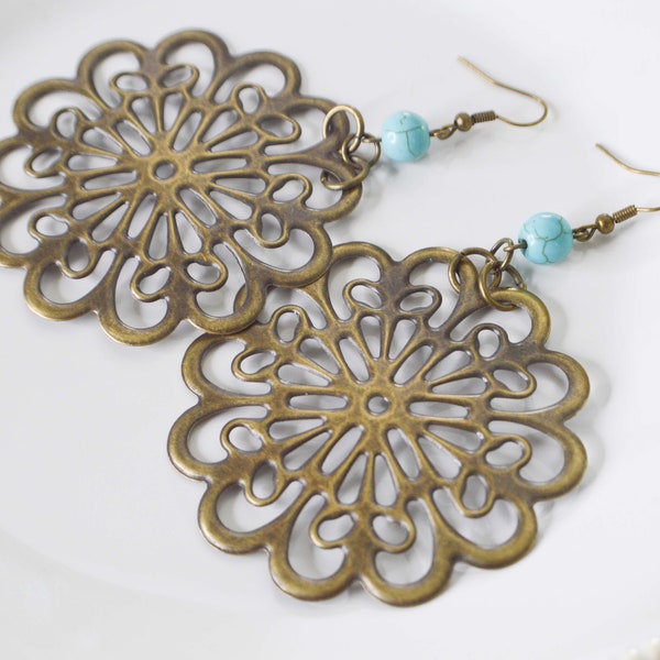 Turquoise earrings and wide prints - bronze - boho - Creole style