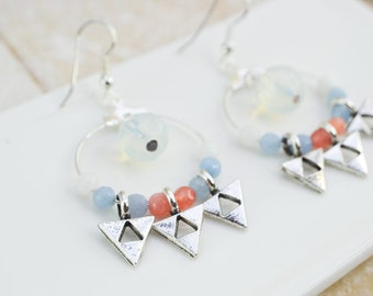 Small creole hoops colorful jade and opaline earrings, silver and colorful earrings, delicate and light jewel for women