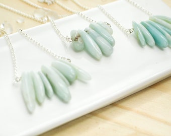 Raw polished amazonite necklace, Short silver necklace, flat long nuggets of degraded size, polished natural stone, nice gift for her